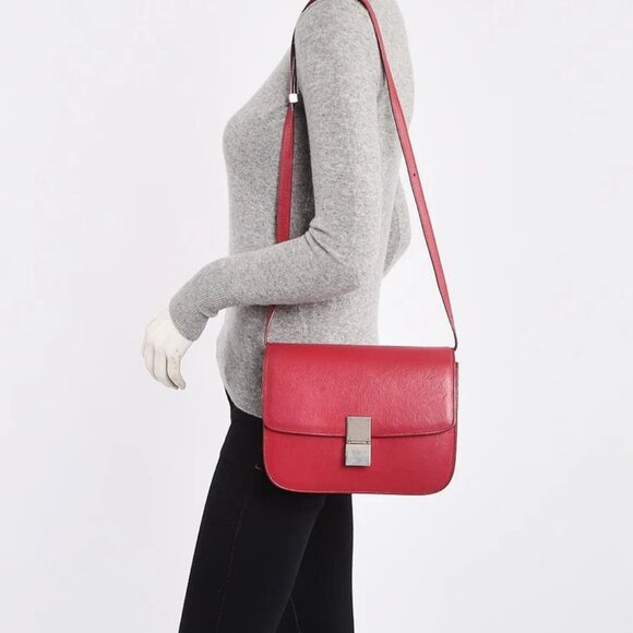 Celine Red Pebbled Calfskin Leather Medium Classic Box Flap Bag - Picture 2 of 10